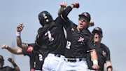 New Home's Ryder Starkey (12) celebrates with Ryder Watkins after a run scored against Ropes in a District 4-2A baseball game Saturday, April 12, 2025, at Zant Field in New Home.