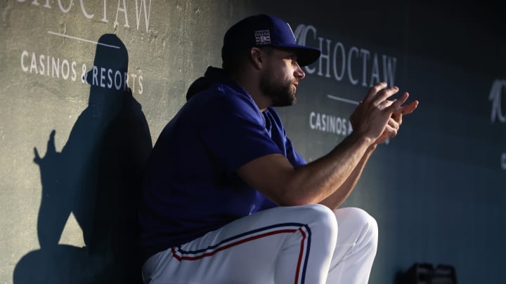 Jul 20, 2024; Arlington, Texas, USA; Texas Rangers pitcher Nathan Eovaldi (17) sits in the dugout during a game against the Baltimore Orioles at Globe Life Field. 