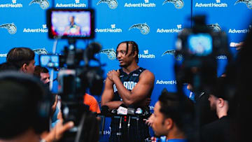 Orlando Magic center Wendell Carter Jr. speaks to reporters during the team's 2024 Media Day.