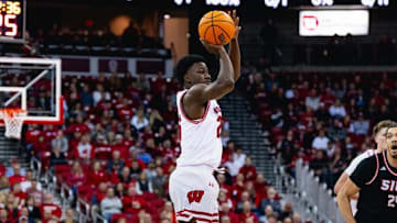 Wisconsin guard John Blackwell shoots a jump shot in the first half against SIUE in a nonconference game at the Kohl Center on November 17, 2025.