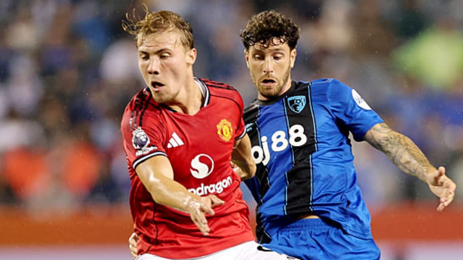 Rasmus Højlund (left) scored the first goal of the game at Soldier Field. | Getty Images/Michael Reaves/Premier League