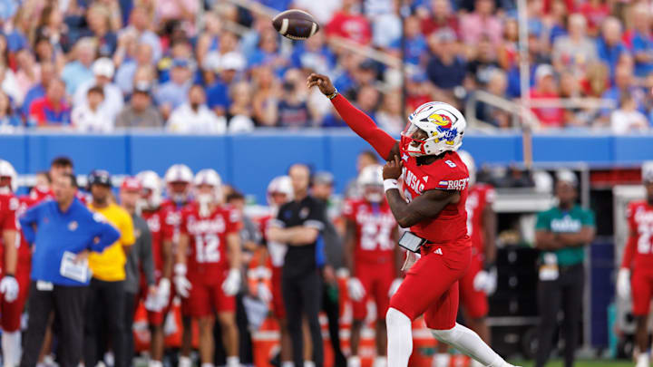 Aug 29, 2025; Lawrence, Kansas, USA; Kansas Jayhawks quarterback Jalon Daniels (6) passes during the first half against the Wagner Seahawks at David Booth Kansas Memorial Stadium. Mandatory Credit: William Purnell-Imagn Images