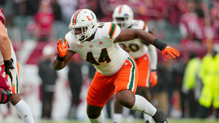 Sep 23, 2023; Philadelphia, Pennsylvania, USA;  Miami Hurricanes defensive lineman Rueben Bain Jr. (44) rushes in the second half against the Temple Owls at Lincoln Financial Field. Mandatory Credit: Andy Lewis-USA TODAY Sports