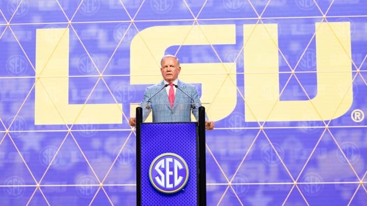 Jul 15, 2024; Dallas, TX, USA; LSU head coach Brian Kelly speaking at Omni Dallas Hotel. Mandatory Credit: Brett Patzke-USA TODAY Sports