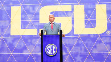 Jul 15, 2024; Dallas, TX, USA; LSU head coach Brian Kelly speaking at Omni Dallas Hotel. Mandatory Credit: Brett Patzke-USA TODAY Sports