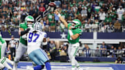 Nov 23, 2025; Arlington, Texas, USA; Philadelphia Eagles quarterback Jalen Hurts (1) throws the ball in the fourth quarter against the Dallas Cowboys at AT&T Stadium. Mandatory Credit: Kevin Jairaj-Imagn Images