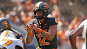Tennessee quarterback Jake Merklinger (12) waits for the snap during a football game between Tennessee and Chattanooga at Neyland Stadium in Knoxville, Tenn., on Saturday, August 31, 2024.