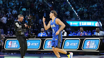 Feb 15, 2025; San Francisco, CA, USA; Osceola Magic guard Mac McClung reacts in the slam dunk competition during All Star Saturday Night ahead of the 2025 NBA All Star Game at Chase Center. Mandatory Credit: Kyle Terada-Imagn Images