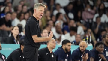 Aug 8, 2024; Paris, France; United States head coach Steve Kerr gestures during the second half against Serbia in a men's basketball semifinal game during the Paris 2024 Olympic Summer Games at Accor Arena. Mandatory Credit: Kyle Terada-USA TODAY Sports