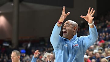 Feb 6, 2025; Spokane, Washington, USA; Loyola Marymount Lions head coach Stan Johnson reacts after a play against the Gonzaga Bulldogs in the first half at McCarthey Athletic Center. Mandatory Credit: James Snook-Imagn Images