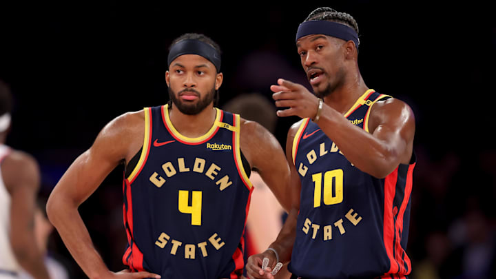Mar 4, 2025; New York, New York, USA; Golden State Warriors forward Jimmy Butler III (10) talks to guard Moses Moody (4) during the second quarter against the New York Knicks at Madison Square Garden. Mandatory Credit: Brad Penner-Imagn Images