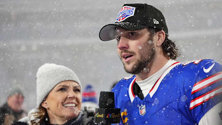 Dec 1, 2024; Orchard Park, New York, USA; NBC Sideline reporter, Melissa Stark interviews Buffalo Bills quarterback Josh Allen (17) after the game against the San Francisco 49ers at Highmark Stadium