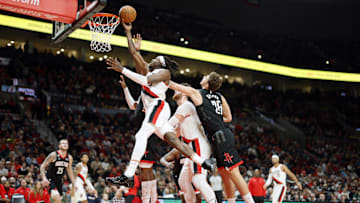 Oct 28, 2022; Portland, Oregon, USA; Portland Trail Blazers small forward Jerami Grant drives to the rack against Rockets center Alperen Sengun.