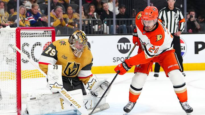 May 6, 2026; Las Vegas, Nevada, USA; Anaheim Ducks left wing Chris Kreider (20) deflects the puck toward Vegas Golden Knights goaltender Carter Hart (79) during the second period of game two of the second round of the 2026 Stanley Cup Playoffs at T-Mobile Arena. Mandatory Credit: Stephen R. Sylvanie-Imagn Images