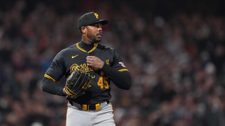 Apr 26, 2024; San Francisco, California, USA; Pittsburgh Pirates pitcher Aroldis Chapman (45) during the eighth inning against the San Francisco Giants at Oracle Park.