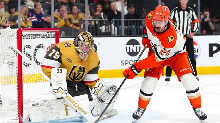 May 6, 2026; Las Vegas, Nevada, USA; Anaheim Ducks left wing Chris Kreider (20) deflects the puck toward Vegas Golden Knights goaltender Carter Hart (79) during the second period of game two of the second round of the 2026 Stanley Cup Playoffs at T-Mobile Arena. Mandatory Credit: Stephen R. Sylvanie-Imagn Images May 6, 2026; Las Vegas, Nevada, USA; Anaheim Ducks left wing Chris Kreider (20) deflects the puck toward Vegas Golden Knights goaltender Carter Hart (79) during the second period of game two of the second round of the 2026 Stanley Cup Playoffs at T-Mobile Arena. Mandatory Credit: Stephen R. Sylvanie-Imagn Images