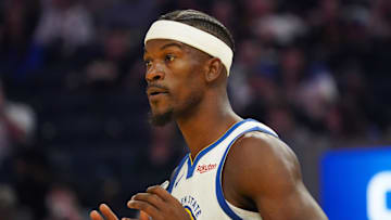Oct 5, 2025; San Francisco, California, USA;  Golden State Warriors forward Jimmy Butler III (10) talks with teammates in the first quarter against the Los Angeles Lakers at Chase Center. Mandatory Credit: David Gonzales-Imagn Images