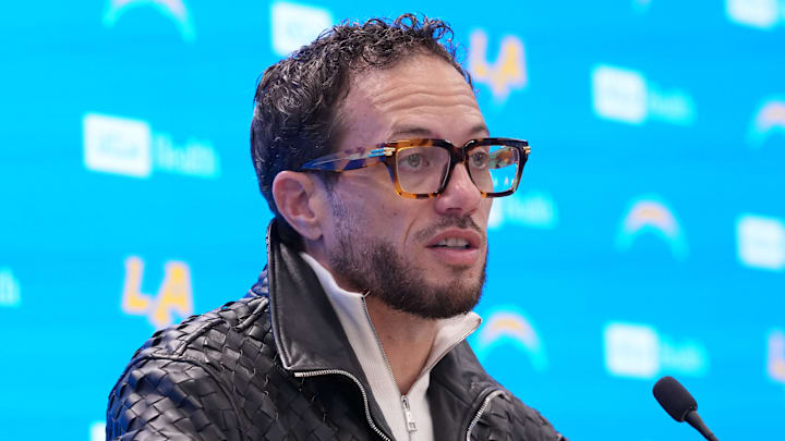 Los Angeles Chargers offensive coordinator Mike McDaniel speaks at his introductory press conference at The Bolt