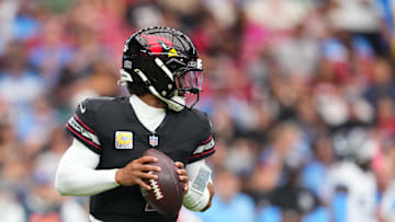 Oct 5, 2025; Glendale, Arizona, USA; Arizona Cardinals quarterback Kyler Murray (1) looks to throw against the Tennessee Titans during the second quarter at State Farm Stadium. Mandatory Credit: Joe Camporeale-Imagn Images