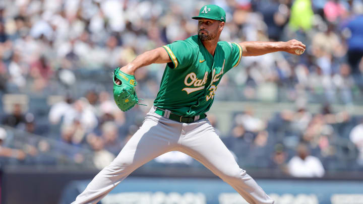 May 10, 2023; Bronx, New York, USA; Oakland Athletics starting pitcher Kyle Muller (39) pitches against the New York Yankees during the first inning at Yankee Stadium. Mandatory Credit: Brad Penner-USA TODAY Sports