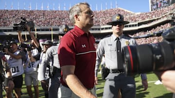 Nov 15, 2025; College Station, Texas, USA; South Carolina Gamecocks head coach Shane Beamer walks off the field after the game against the Texas A&M Aggies at Kyle Field. Mandatory Credit: Troy Taormina-Imagn Images