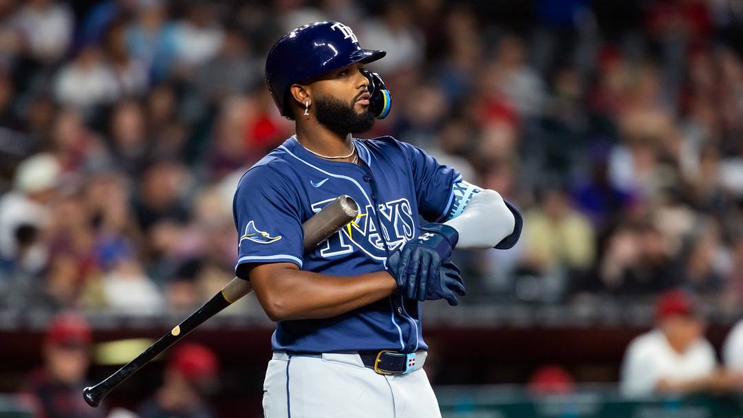 Apr 22, 2025; Phoenix, Arizona, USA; Tampa Bay Rays third baseman Junior Caminero against the Arizona Diamondbacks at Chase Field. Mandatory Credit: Mark J. Rebilas-Imagn Images
