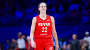 Jul 17, 2024; Arlington, Texas, USA; Indiana Fever guard Caitlin Clark (22) reacts during the first half against the Dallas Wings at College Park Center. 