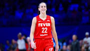 Jul 17, 2024; Arlington, Texas, USA; Indiana Fever guard Caitlin Clark (22) reacts during the first half against the Dallas Wings at College Park Center. Mandatory Credit: Kevin Jairaj-Imagn Images