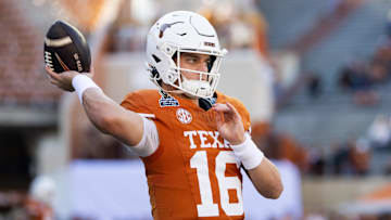 Dec 21, 2024; Austin, Texas, USA; Texas Longhorns quarterback Arch Manning (16) against the Clemson Tigers during the CFP National playoff first round at Darrell K Royal-Texas Memorial Stadium.