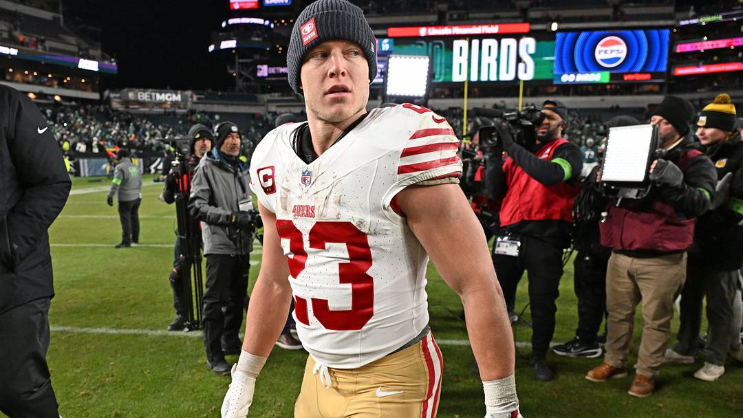 Jan 11, 2026; Philadelphia, PA, USA; San Francisco 49ers running back Christian McCaffrey (23) on the field after win against the Philadelphia Eagles in an NFC Wild Card Round game at Lincoln Financial Field. Mandatory Credit: Eric Hartline-Imagn Images