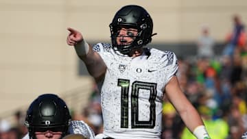 Nov 5, 2022; Boulder, Colorado, USA; Oregon Ducks quarterback Bo Nix (10) calls out during the