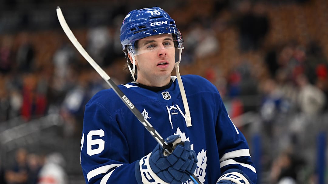Apr 11, 2026; Toronto, Ontario, CAN;  Toronto Maple Leafs defenseman William Villeneuve (76) warms up before playing the Florida Panthers at Scotiabank Arena. Mandatory Credit: Dan Hamilton-Imagn Images