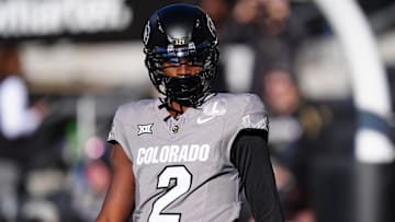 Nov 16, 2024; Boulder, Colorado, USA; Colorado Buffaloes quarterback Shedeur Sanders (2) looks on before the game against the Utah Utes at Folsom Field. Mandatory Credit: Ron Chenoy-Imagn Images