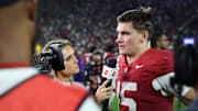 Alabama Crimson Tide quarterback Ty Simpson (15) speaks to the media after the game against the Louisiana State Tigers at Saban Field at Bryant-Denny Stadium.