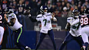 Dec 26, 2024; Chicago, Illinois, USA; Seattle Seahawks quarterback Geno Smith (7) passes the ball against the Chicago Bears during the fourth quarter at Soldier Field. Mandatory Credit: Daniel Bartel-Imagn Images