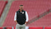 Nov 9, 2025; Tampa, Florida, USA; New England Patriots head coach Mike Vrabel walks the field prior to a game against the Tampa Bay Buccaneers at Raymond James Stadium. Mandatory Credit: Nathan Ray Seebeck-Imagn Images