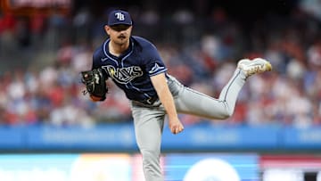 Sep 9, 2024; Philadelphia, Pennsylvania, USA; Tampa Bay Rays pitcher Tyler Alexander (14) throws a pitch during the second inning against the Philadelphia Phillies at Citizens Bank Park. Mandatory Credit: Bill Streicher-Imagn Images