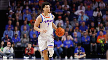 Feb 18, 2025; Gainesville, Florida, USA; Florida Gators guard Walter Clayton Jr. (1) dribbles the ball against the Oklahoma Sooners during the second half at Exactech Arena at the Stephen C. O'Connell Center. Mandatory Credit: Matt Pendleton-Imagn Images