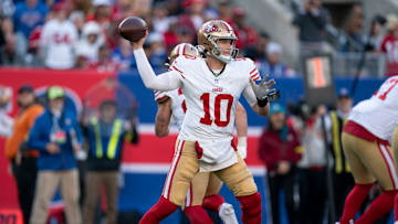 San Francisco 49ers quarterback Mac Jones (10) looks to throw a pass during a week 9 game between New York Giants and San Francisco 49ers at MetLife Stadium on Sunday, Nov. 2, 2025.