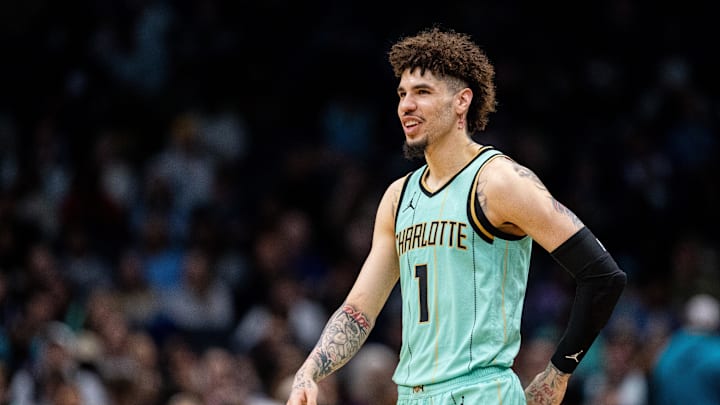 Jan 25, 2025; Charlotte, North Carolina, USA; Charlotte Hornets guard LaMelo Ball (1) reacts during the fourth quarter against the New Orleans Pelicans at Spectrum Center. Mandatory Credit: Scott Kinser-Imagn Images
