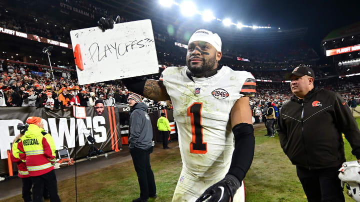 Dec 28, 2023; Cleveland, Ohio, USA; Cleveland Browns safety Juan Thornhill (1) hold a sign referencing the NFL playoffs after defeating the New York Jets at Cleveland Browns Stadium. Mandatory Credit: Ken Blaze-USA TODAY Sports