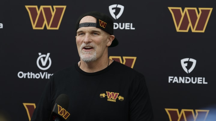 Jun 5, 2024; Ashburn, VA, USA; Washington Commanders head coach Dan Quinn speaks with the media prior to an OTA workout at Commanders Park. Mandatory Credit: Geoff Burke-USA TODAY Sports