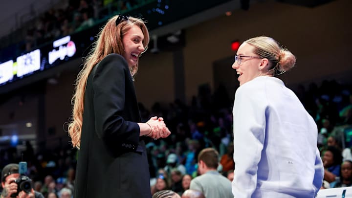 Jun 6, 2025; Arlington, Texas, USA; Los Angeles Sparks forward Cameron Brink (left) speaks with Dallas Wings guard Paige Bueckers (right) before the game at College Park Center. Mandatory Credit: Kevin Jairaj-Imagn Images Jun 6, 2025; Arlington, Texas, USA; Los Angeles Sparks forward Cameron Brink (left) speaks with Dallas Wings guard Paige Bueckers (right) before the game at College Park Center. Mandatory Credit: Kevin Jairaj-Imagn Images