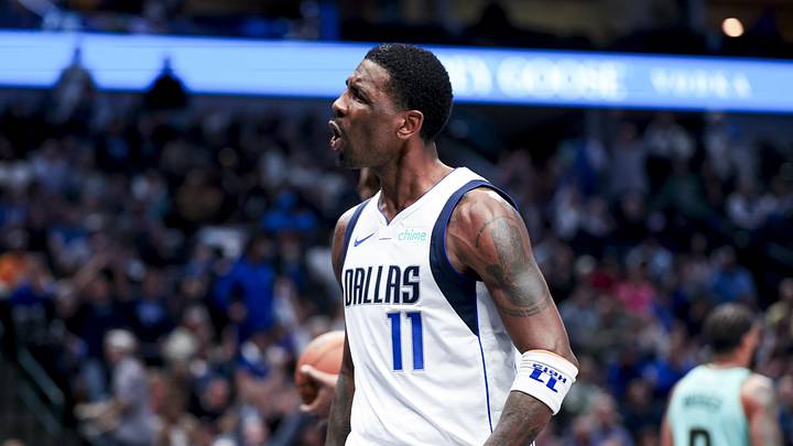 Feb 27, 2025; Dallas, Texas, USA;  Dallas Mavericks guard Kyrie Irving (11) reacts after scoring against the Charlotte Hornets during the second half at American Airlines Center. Mandatory Credit: Kevin Jairaj-Imagn Images