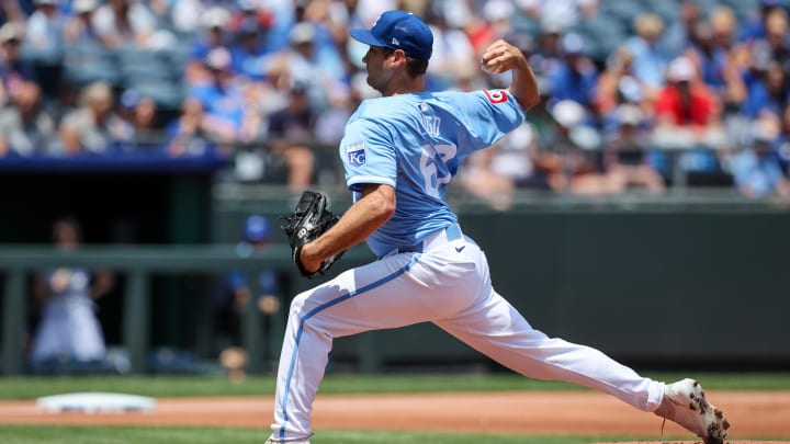 Jun 30, 2024; Kansas City, Missouri, USA; Kansas City Royals pitcher Seth Lugo (67) pitches during the first inning against the Cleveland Guardians at Kauffman Stadium. Mandatory Credit: William Purnell-USA TODAY Sports