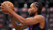 Jan 23, 2025; Inglewood, California, USA;  Los Angeles Clippers forward Kawhi Leonard (2) warms up before the game against the Washington Wizards at Intuit Dome. Mandatory Credit: Kiyoshi Mio-Imagn Images