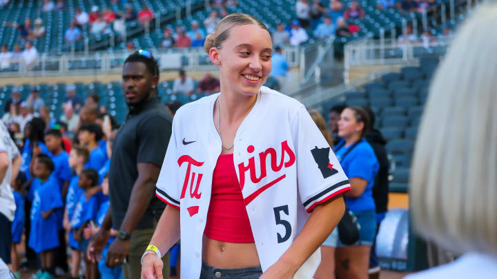 Paige Bueckers before throwing out the first pitch before the Minnesota Twins game.