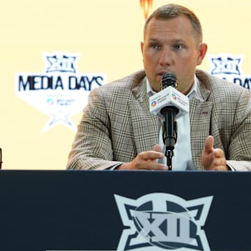 Jul 8, 2025; Frisco, TX, USA; Arizona State head coach Kenny Dillingham addresses the media during 2025 Big 12 Football Media Days at The Star. Mandatory Credit: Raymond Carlin III-Imagn Images