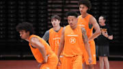 Tennessee basketball players, from left, Ja’Kobi Gillespie, Gavin Paull, Troy Henderson, and Nate Ament at practice