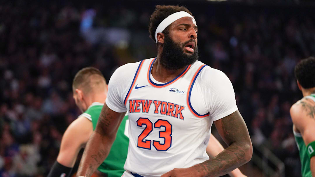 New York Knicks center Mitchell Robinson (23) reacts after scoring during the first half against the Boston Celtics at Madison Square Garden.